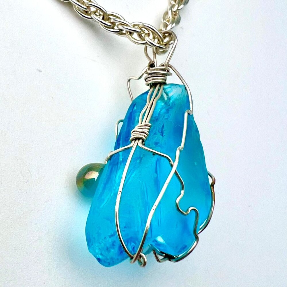 Silver Tone Necklace Wire Wrapped Pendant Handmade - Picture 10 of 10
